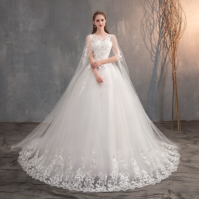 Chinese Style Wedding Dress with Long Cap Lace for Women