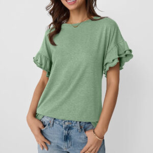 Solid Color Round Neck Ruffle Sleeve Short Sleeve T-shirt Top