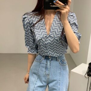 Retro Geometric Pattern French Lapel All-Match Puff Sleeve Puffy Shirt Women