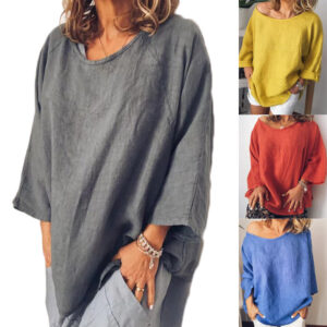 Retro Solid Linen Round Neck Loose Jumper Shirt