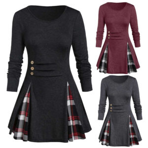 Round Neck Long Sleeve Plaid Big Buckle