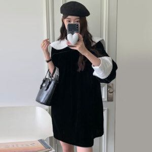 Collision Splice Loose Puff Sleeve Velvet Dress Women