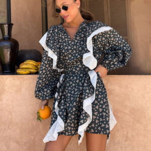 Women's Ruffled Stitching Long-sleeved Printed Dress