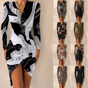 Long Sleeve V Neck Printed Skinny Slit Dress Women's