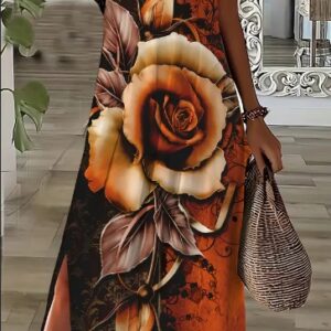 Women'S Elegant V-Neck Floral Rose Print Maxi Dress With Side Split,All-Season Fit And Flare Dress