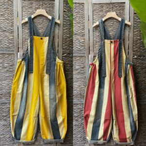 Vintage Stripe Suspender Pants Women's Loose Cotton Denim Jumpsuit
