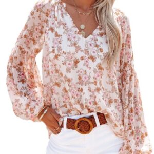 Women's Chiffon Blouse With Lantern Sleeves Floral Chiffon Blouse