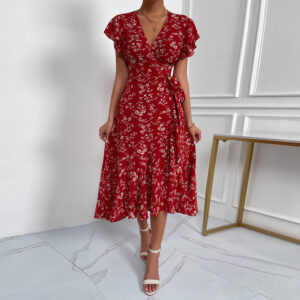 Women's Fashion V-Neck Tie Waist Short Sleeve Print Dress