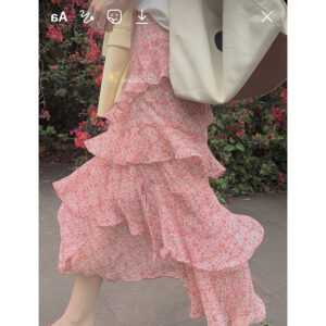 Chiffon Temperament High Waist A-line Green Mid-length Skirt