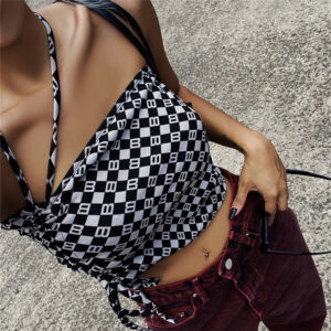 Letter Plaid Print Drawstring Halter Neck Slim Bottoming Vest Women
