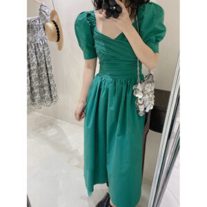 Women's French Square Neck Puff Sleeves Solid Color Simple Dress