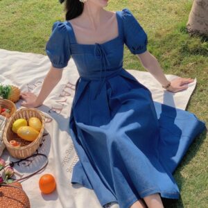 Retro Square Collar Puff Sleeve Blue Dress Women