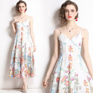 Women's High Waist Slit Print Long Slip Dress