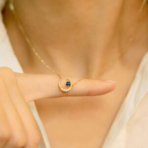925 Sterling Silver Blue Zircon Moon Pendant Choker 14k Gold Necklace