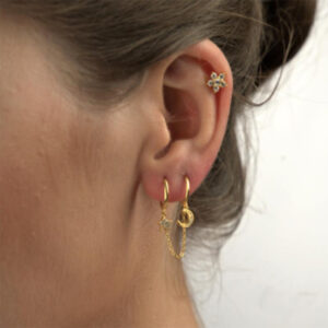 Silver Single Mixed Chain Double Pierced Star Moon Earring