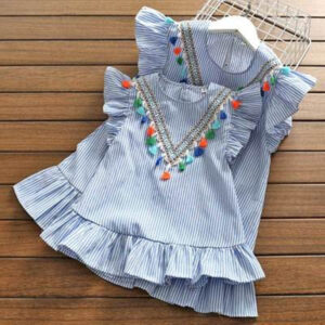 Mother And Daughter Striped Short-sleeved Dress With Fungus Fringe